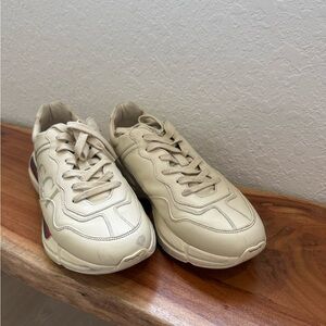 Gucci Cream Leather Men's Sneakers with Signature Web Detail